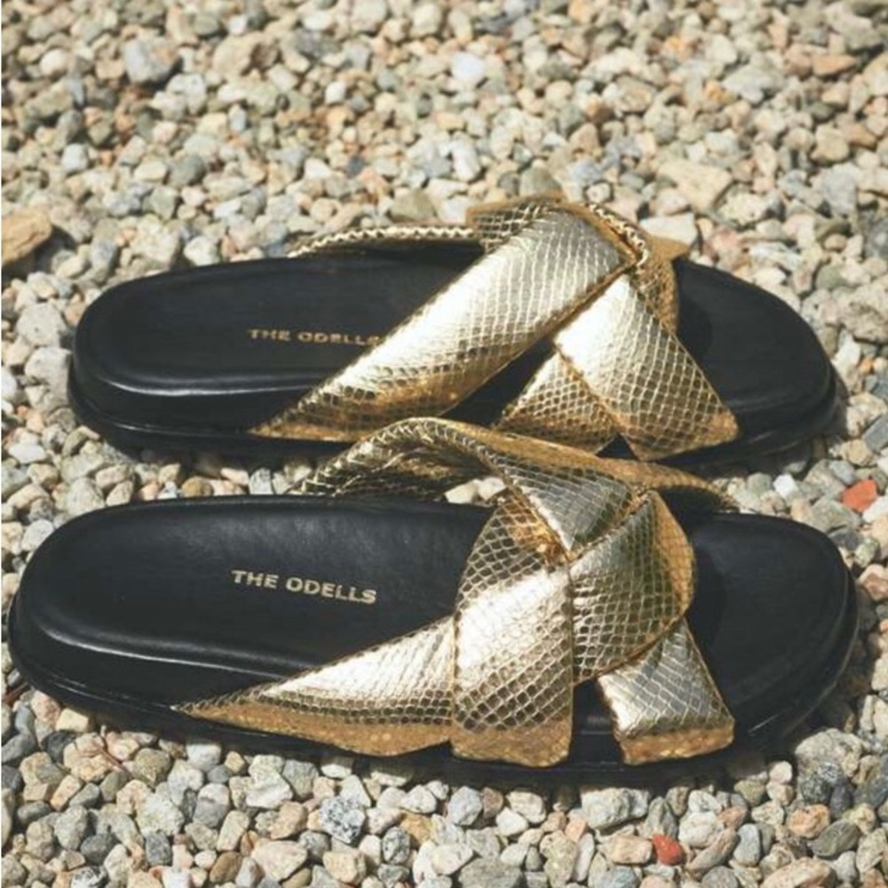 The Odells. Gold Puffy Slide Sandals.